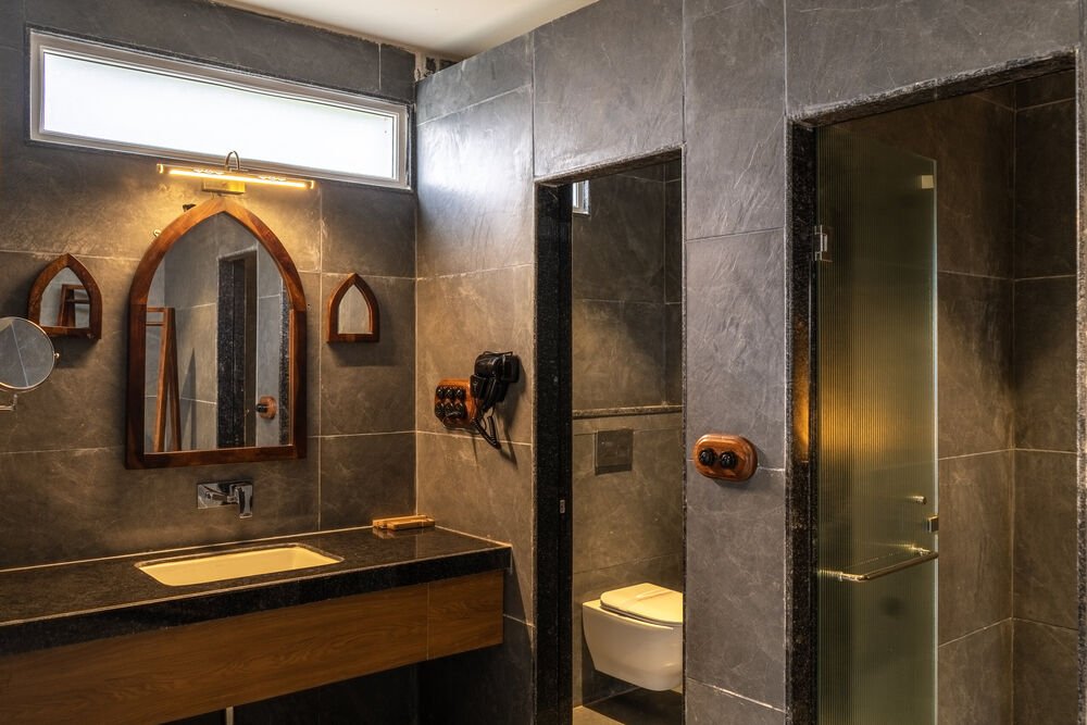 Vanity and walk-in shower